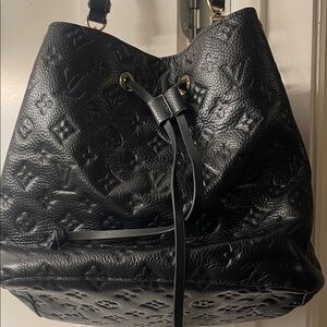 Louis Vuitton Style Black Embossed Leather Drawstring Shoulder Bag